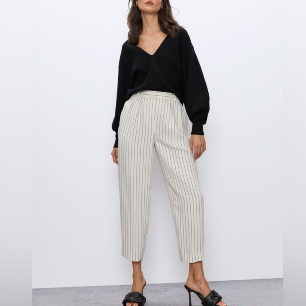 Aritzia Cropped Pinstripe Ankle Pants in Cream & Black